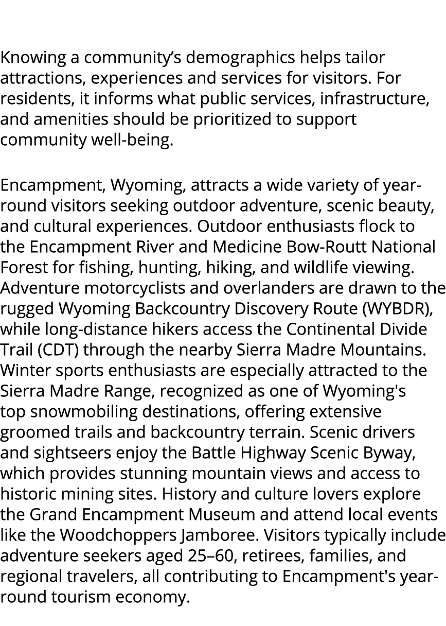  Knowing a community’s demographics helps tailor attractions, experiences and services for visitors. For residents, i...